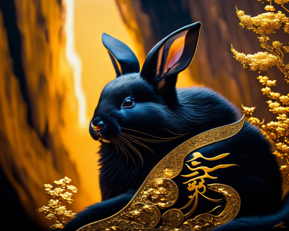 Black Rabbit with Golden Floral Patterns on Warm Background