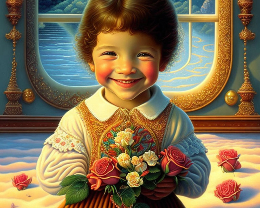 Smiling child with roses in front of serene sunset landscape