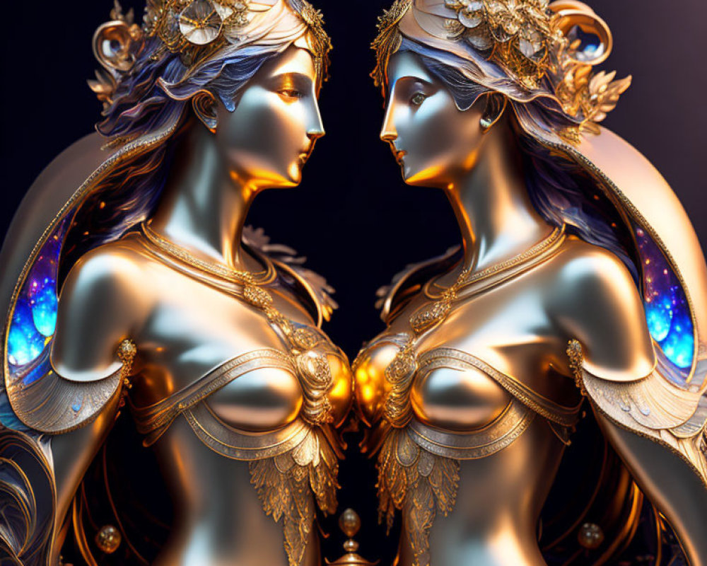 Symmetrical female figures in golden armor with celestial motifs