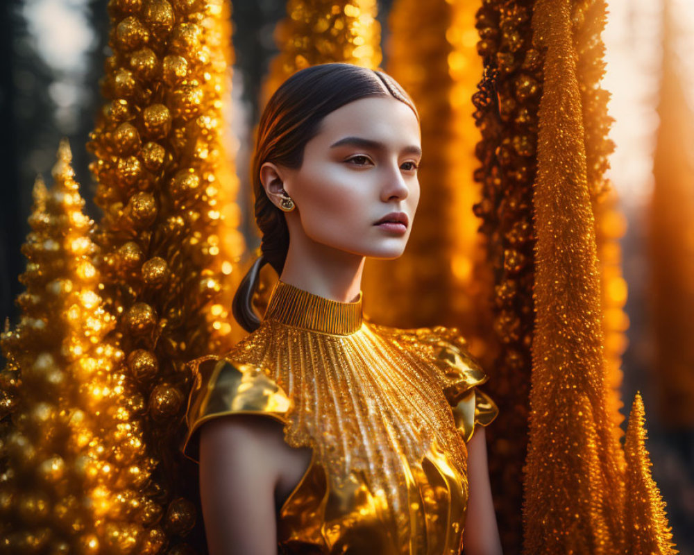 Golden Dress Woman Surrounded by Flora in Warm Sunlight