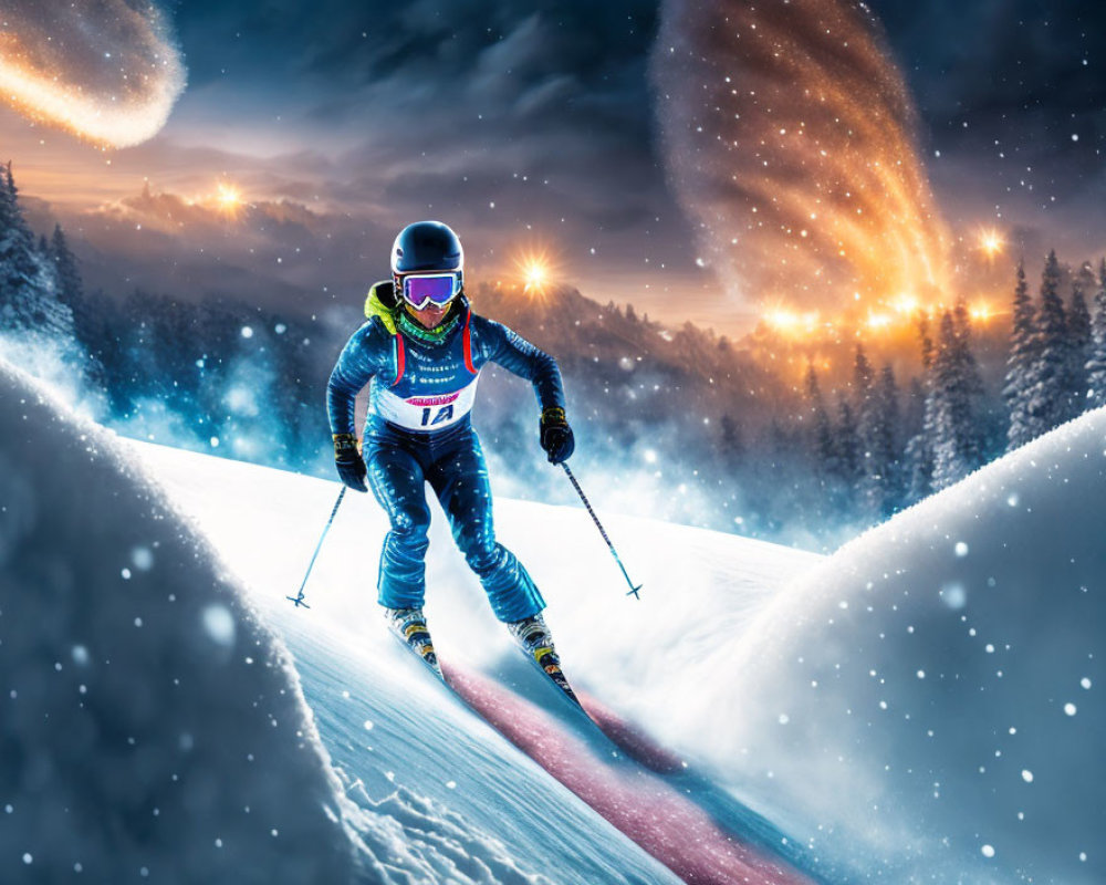 Skier in Blue Suit Night Skiing Cosmic Lights Snowy Forest