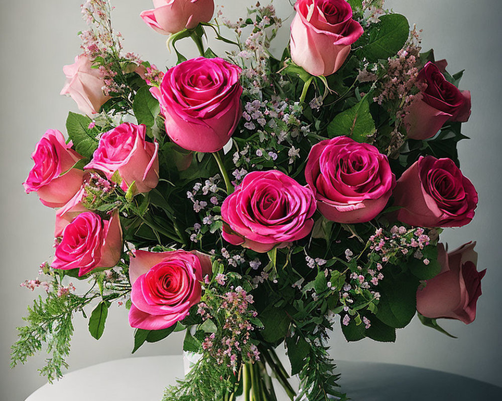 Pink Roses Bouquet with Baby's Breath and Greenery in Glass Vase