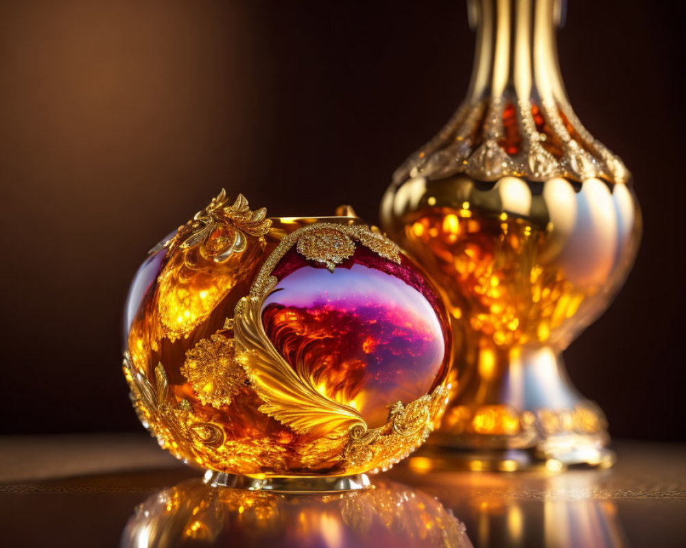 Elegant Gold and Amber Perfume Bottles on Dark Background