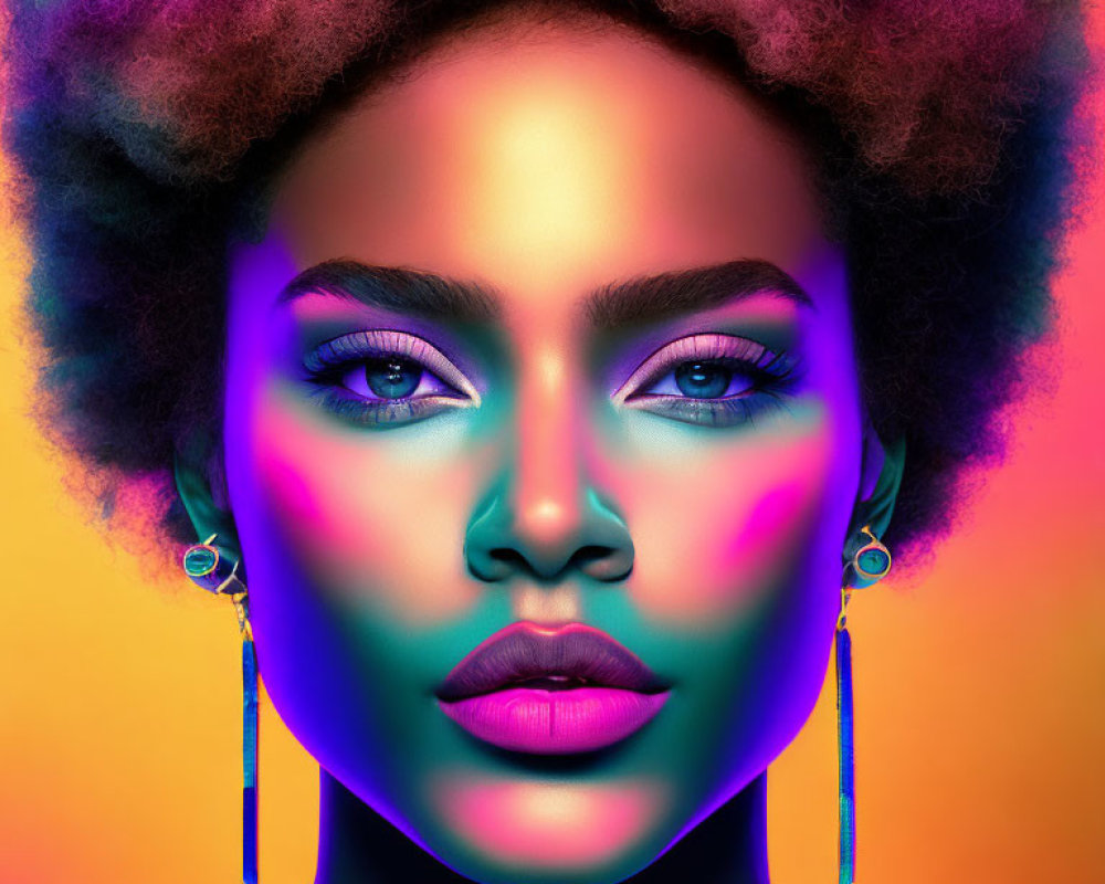 Vibrant neon-lit portrait of woman with afro and striking makeup