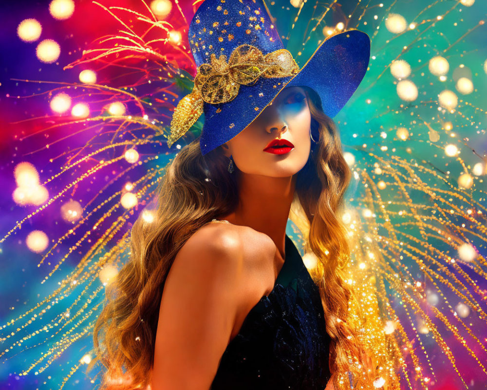 Elegant woman with wavy hair in blue hat with gold details and fireworks background