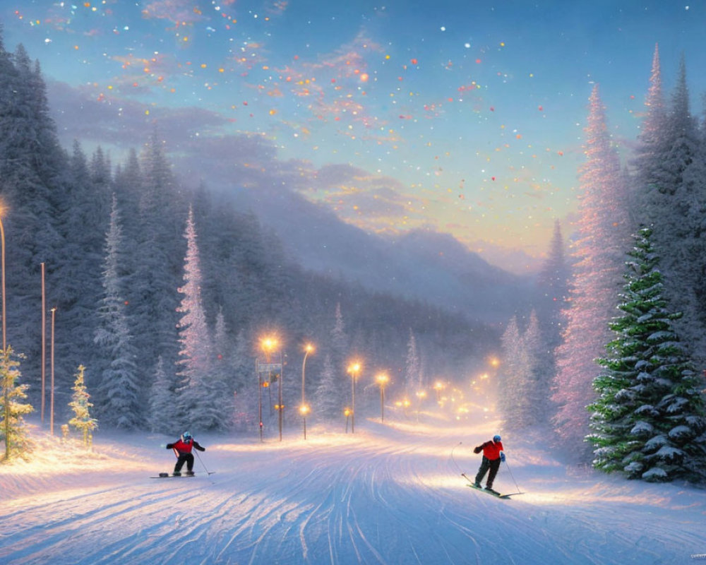 Skiers on snowy slope under twilight sky with streetlights