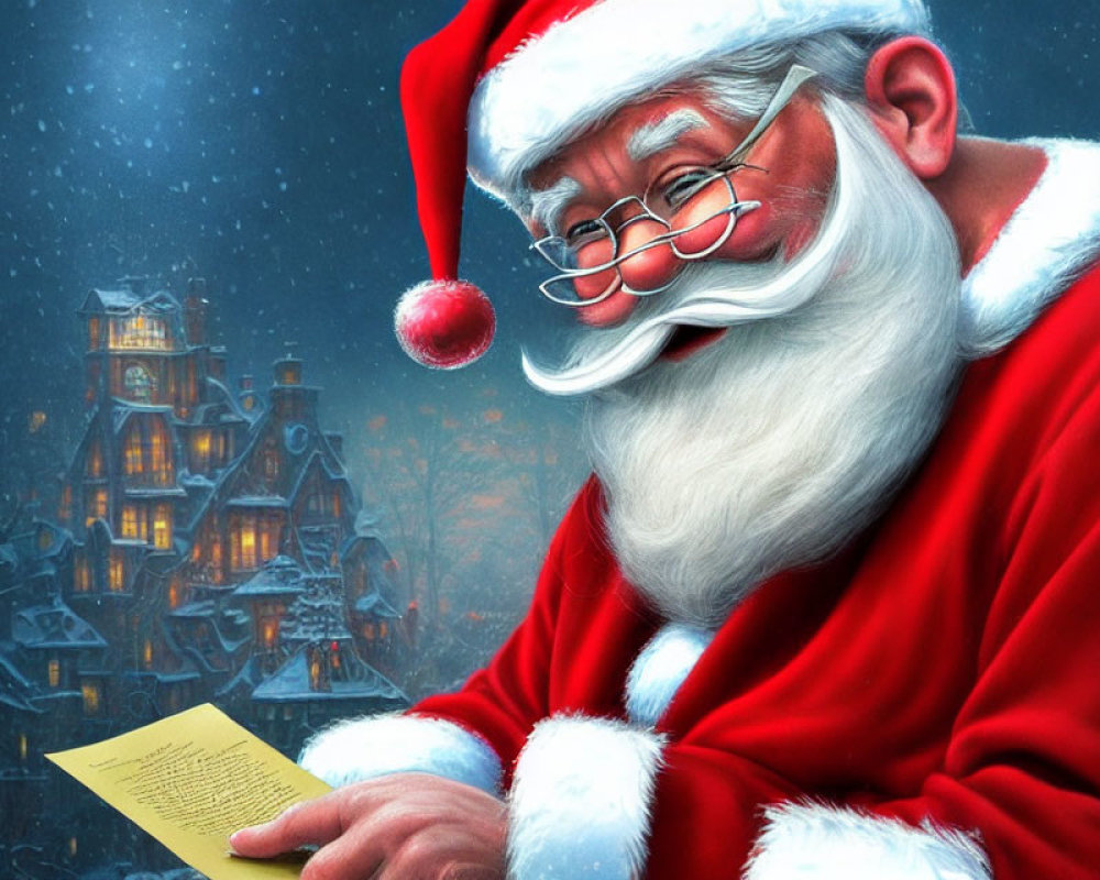 Festive Santa Claus reading letter in snowy night scene