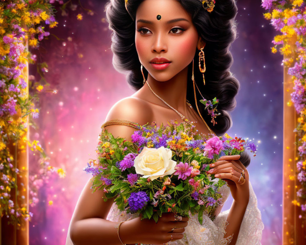 Intricate updo woman with traditional jewelry and colorful bouquet against mystical floral backdrop