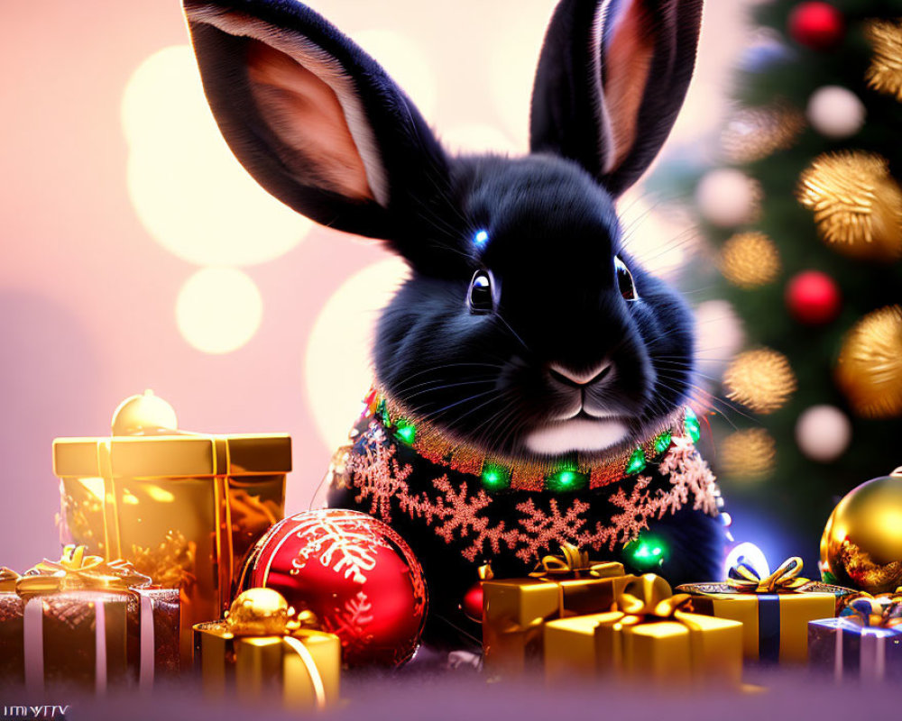 Festive black rabbit in Christmas sweater with gifts and tree