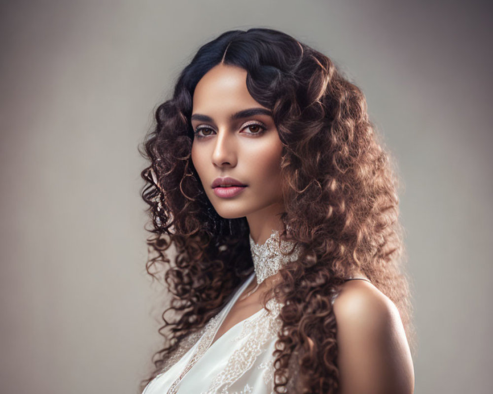 Curly-haired woman in white lace outfit with choker necklace