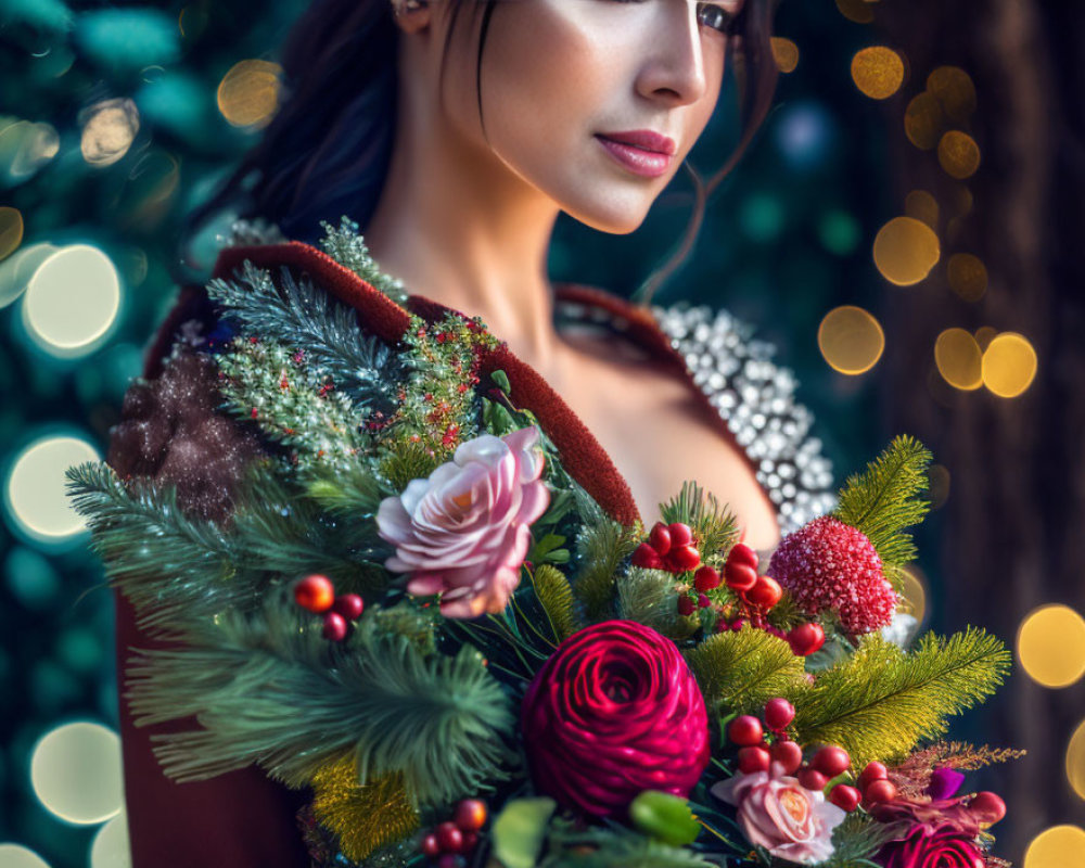 Festive bouquet with pine, red berries, roses, and twinkling lights