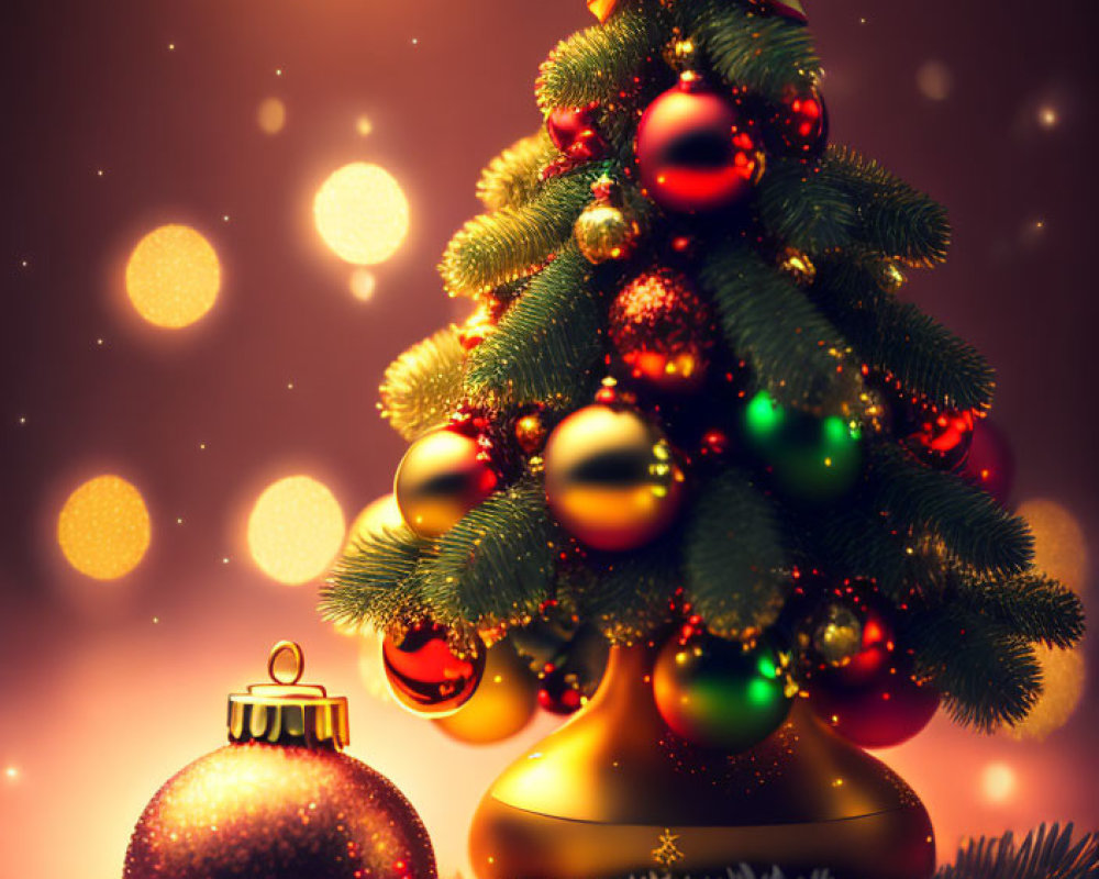 Colorful baubles adorn decorative Christmas tree on bokeh light background