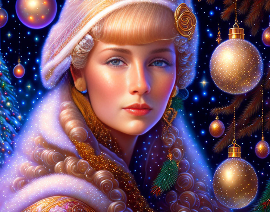 Illustrated woman in warm hat and fur cloak against festive backdrop.