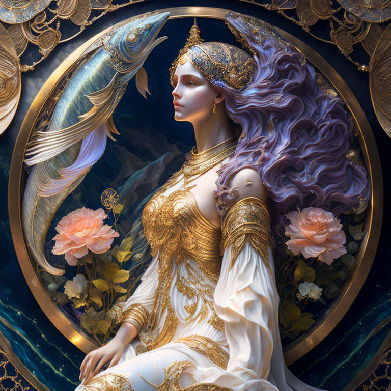 Detailed Artwork of Woman in Purple Hair & Golden Armor with Fish, Flowers, & Elaborate