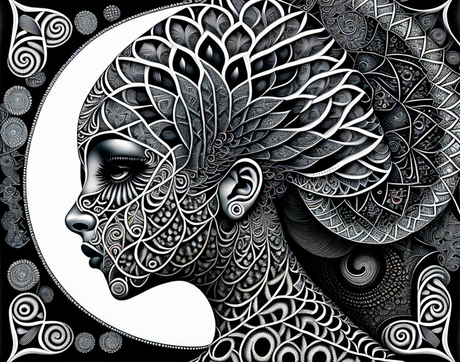 Stylized monochrome digital art: female profile with leaf-like patterns