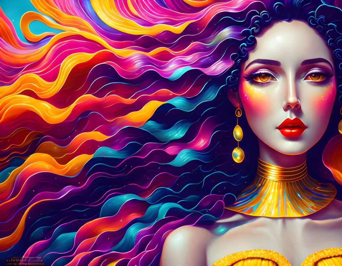 Colorful Digital Artwork: Woman with Vibrant Wavy Hair and Psychedelic Background