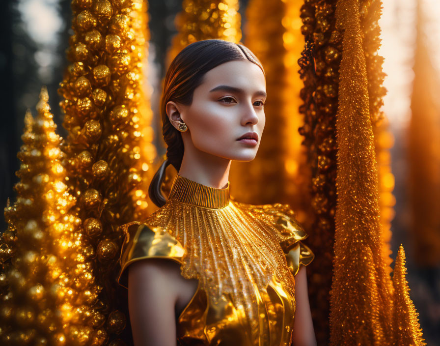 Golden Dress Woman Surrounded by Flora in Warm Sunlight