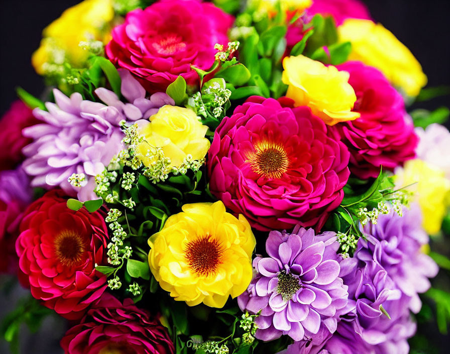 Colorful Bouquet of Pink, Yellow, Red, and Purple Flowers on Dark Background