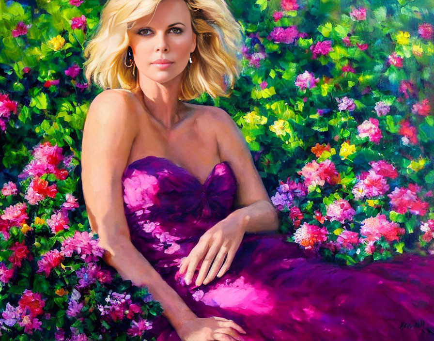 Woman in Strapless Purple Gown Against Floral Backdrop