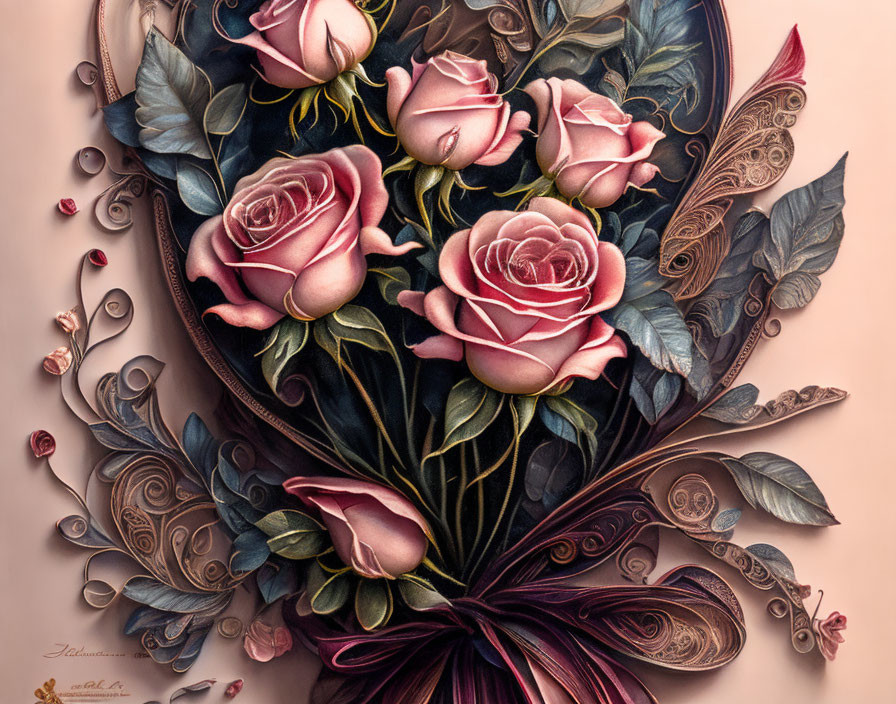 Detailed Pink Rose Bouquet in Heart-Shaped Design