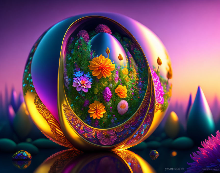 Colorful digital art: Glossy egg with lush garden in surreal purple setting