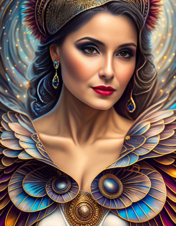 Digital artwork: Woman with peacock feather adornments and golden headdress