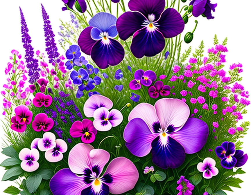 Colorful floral arrangement featuring large purple and magenta pansies with pink, violet blooms, and green