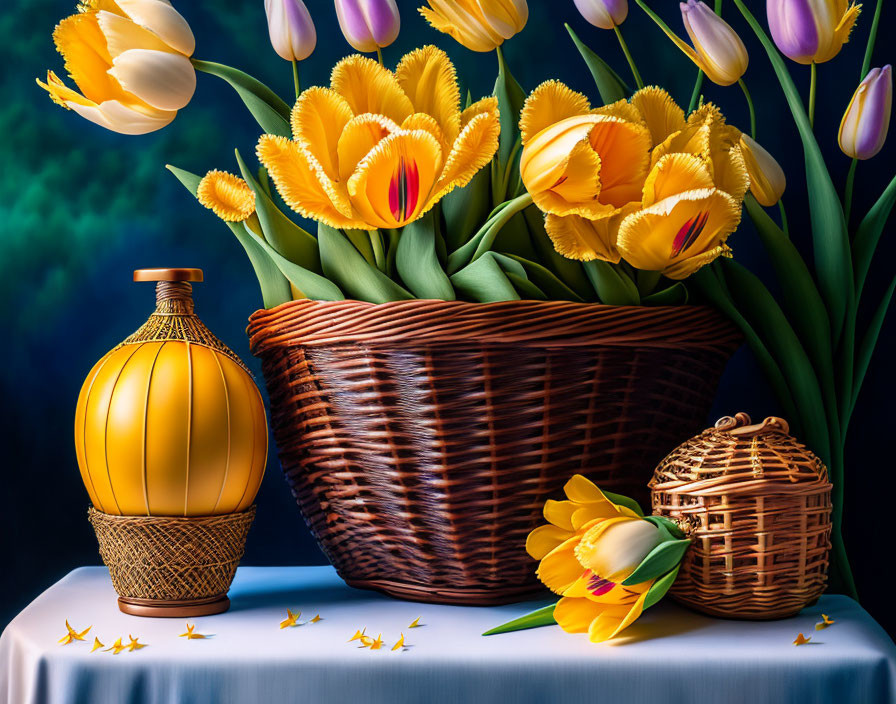 Colorful still life with yellow tulips, vase, and wicker basket.