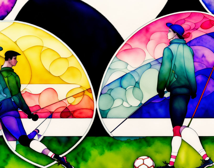 Colorful Abstract Stained Glass Art featuring Sports Figures