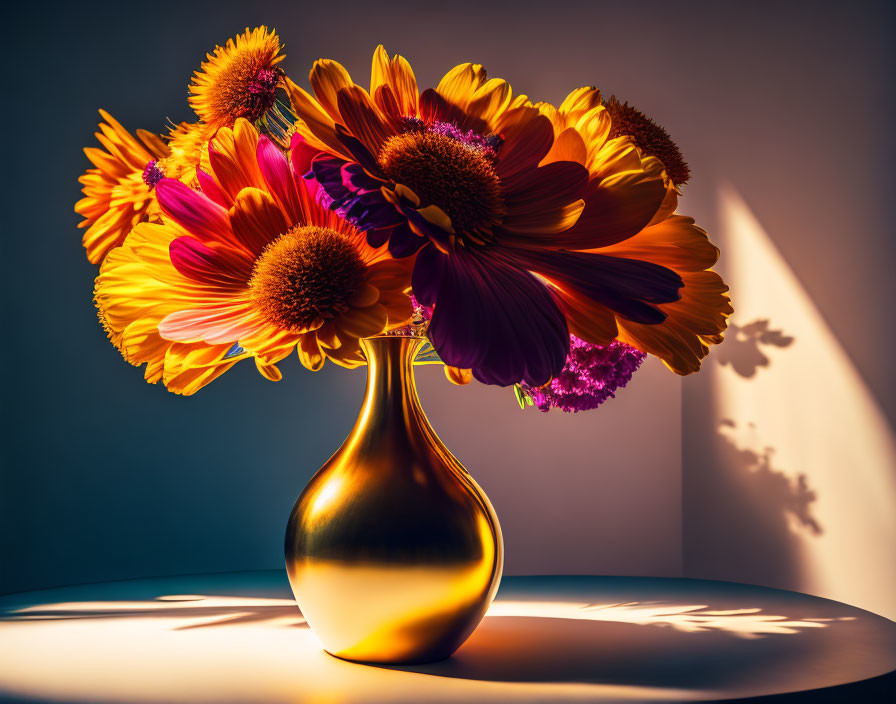 Colorful Flower Bouquet in Golden Vase on Two-Tone Background