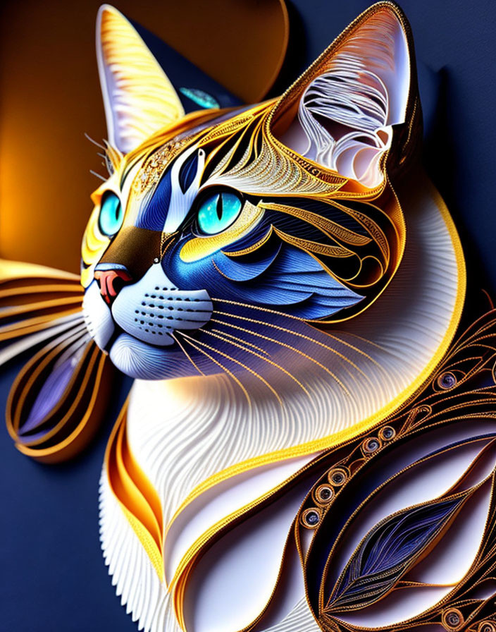 Colorful digital artwork of stylized cat with intricate patterns and blue eyes