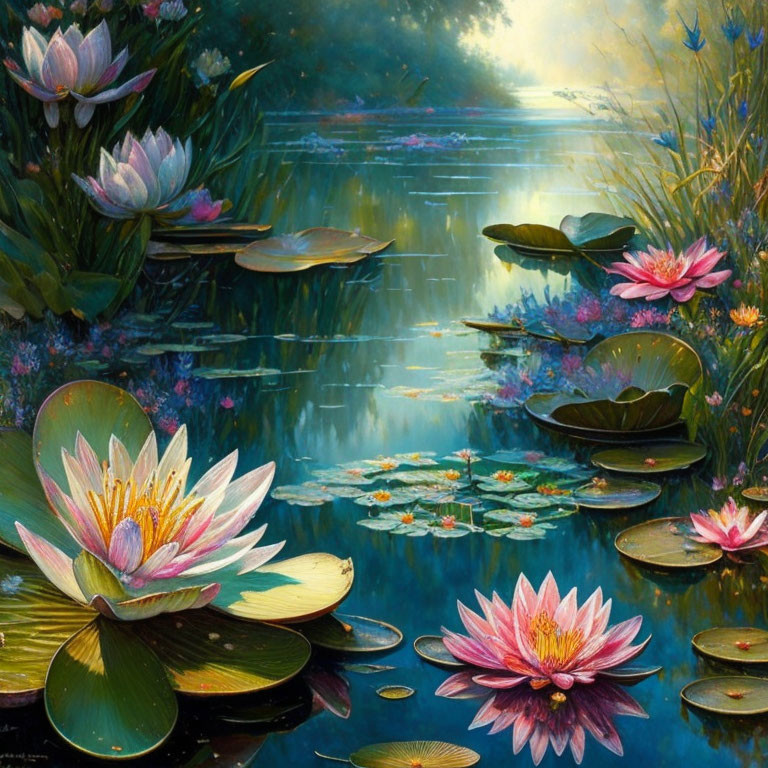 Tranquil pond painting with lotus flowers and lily pads under sunlit sky