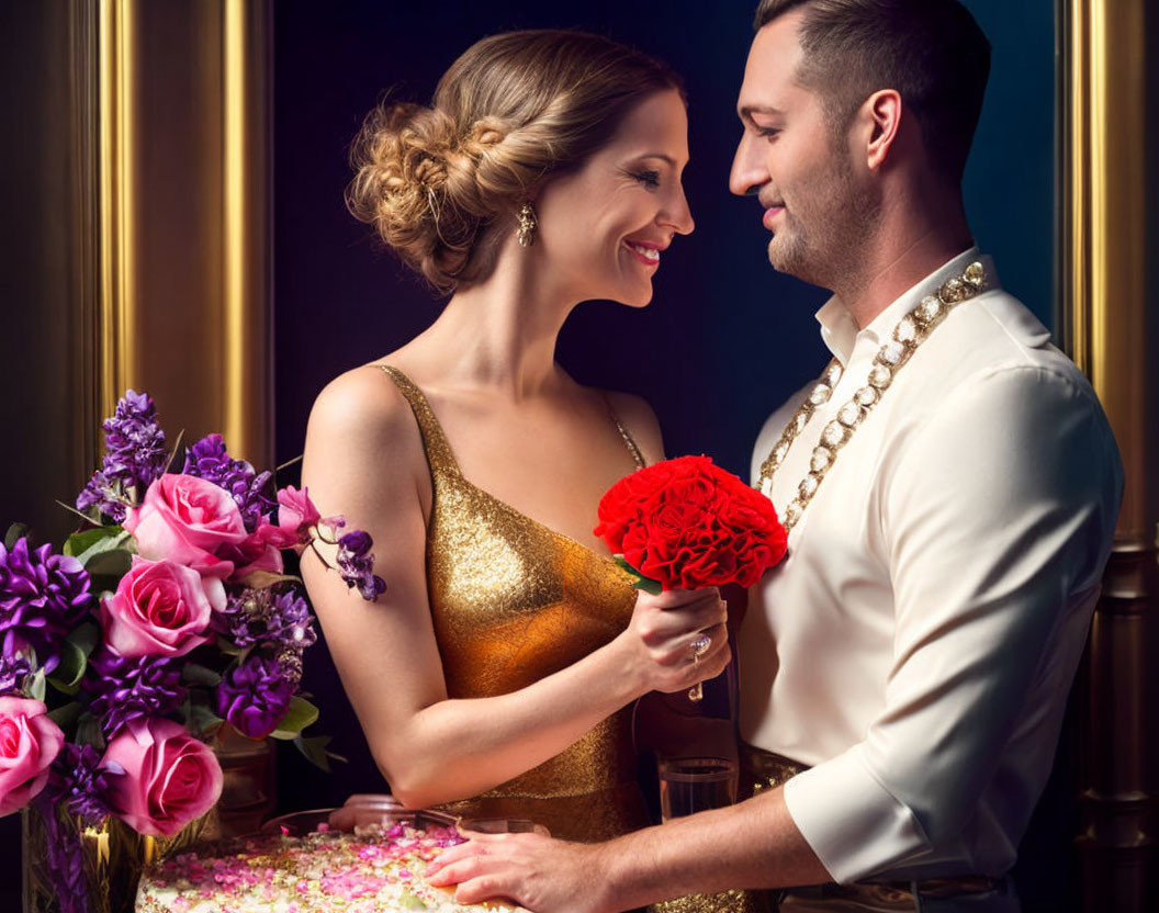 Formal couple with red rose in elegant setting