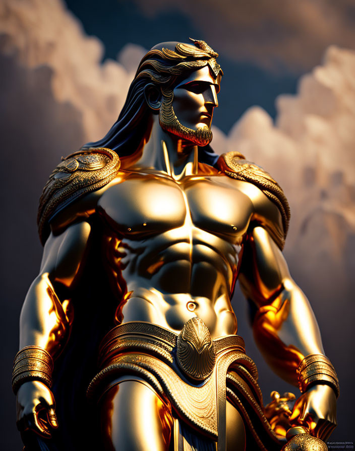 Golden muscular male figure in ornate armor against cloudy background.