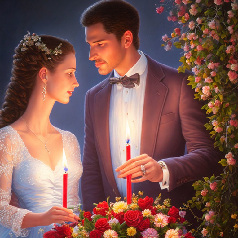 Formal attire couple lighting candles in elegant setting