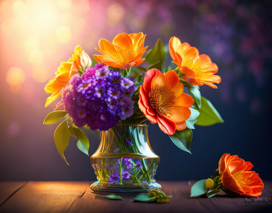 Colorful Purple and Orange Flower Bouquet in Glass Vase on Wooden Surface