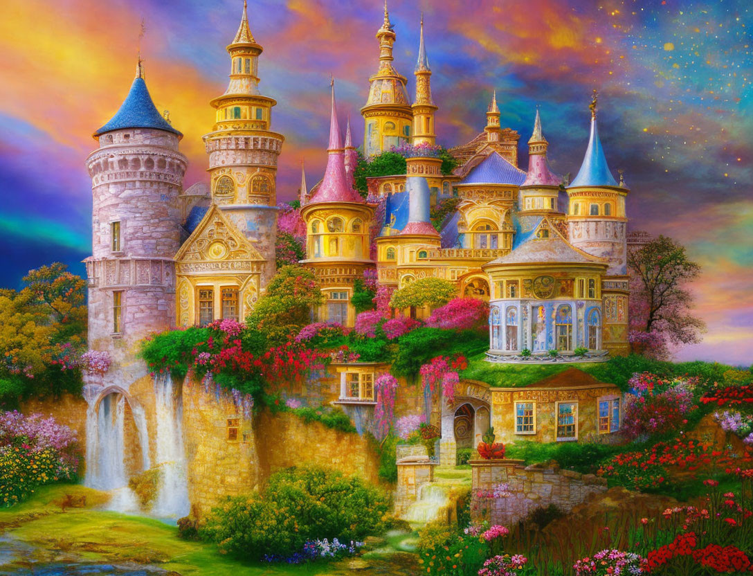 Enchanting castle painting with towers, turrets, gardens, waterfalls, and starry sky