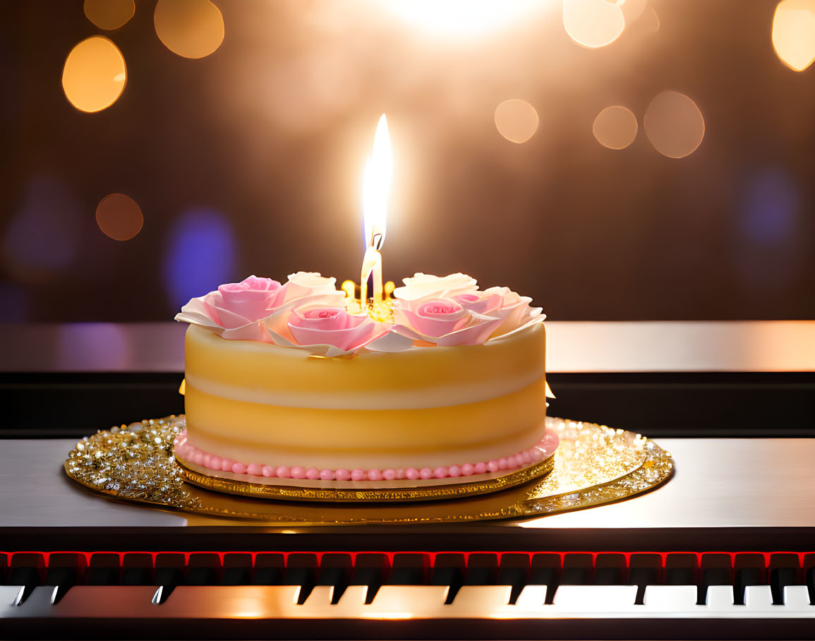 Pink rose birthday cake with lit candle on gold plate, piano keys, bokeh background