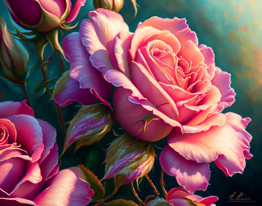 Digital artwork: Pink roses with dewdrops, intricate petal details