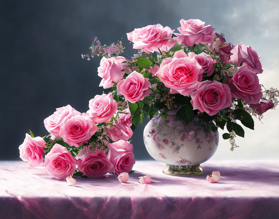 Pink Roses Bouquet in White Vase on Draped Table with Moody Clouded Backdrop