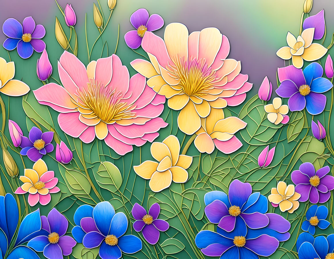 Colorful digital artwork: Stylized flowers in pink, yellow, and blue