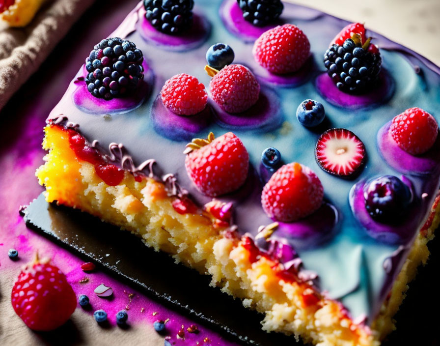 Colorful Berry-Topped Cake with Purple Icing