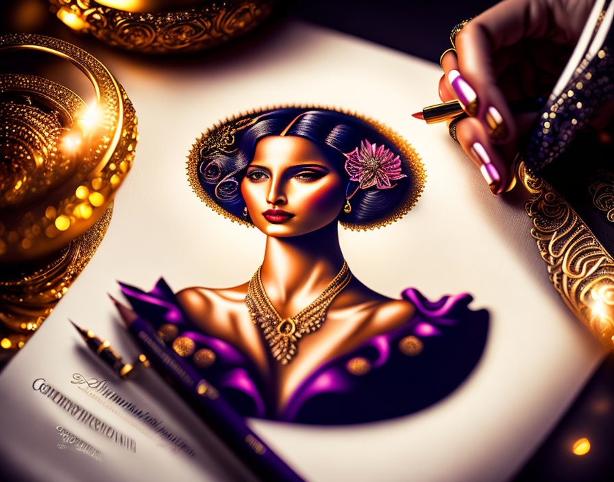 Illustration of woman with stylized makeup and jewelry drawn by elegant hand on golden ornate background