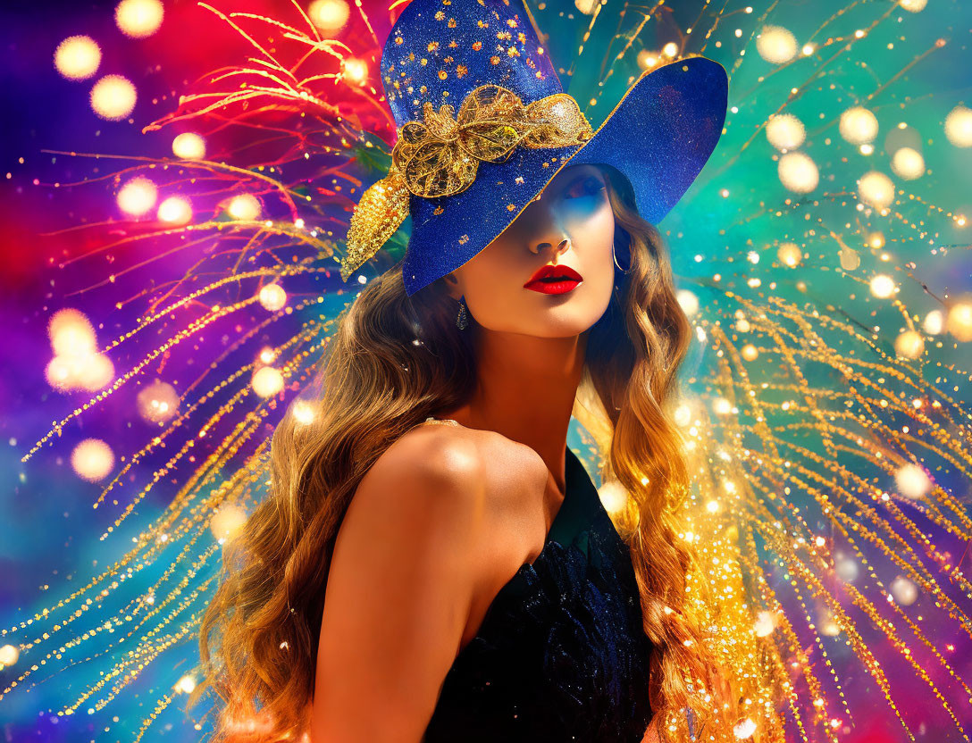 Elegant woman with wavy hair in blue hat with gold details and fireworks background