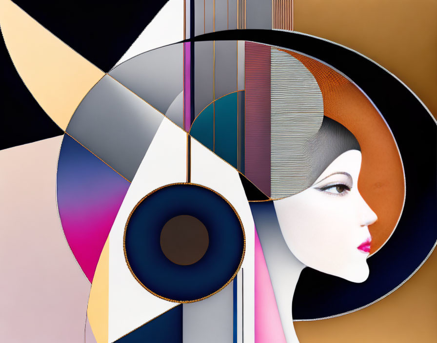 Abstract Surrealist Digital Artwork with Geometric Shapes and Stylized Female Profile