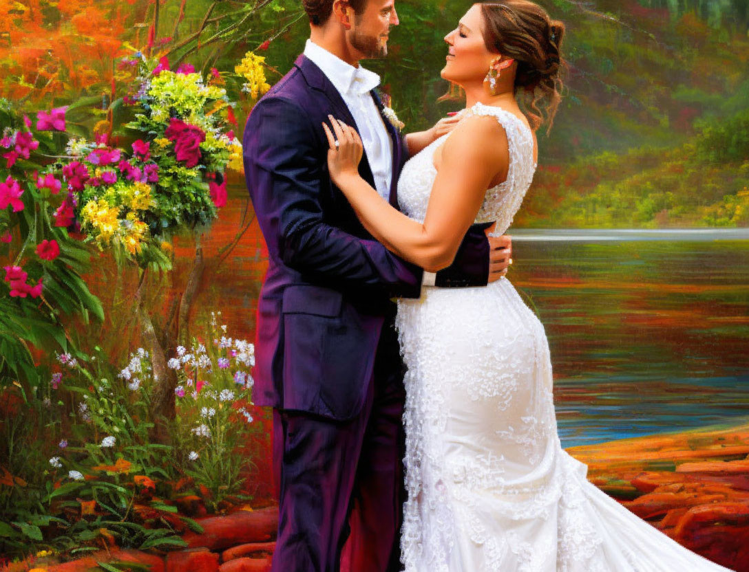 Wedding couple embracing by lake with floral backdrop