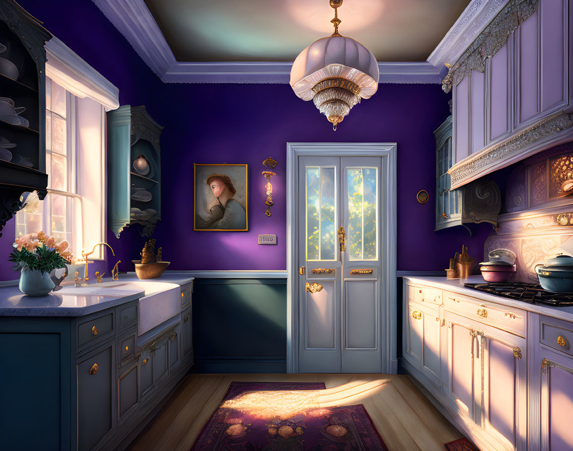 Purple-Walled Kitchen with Vintage Stove & French Doors