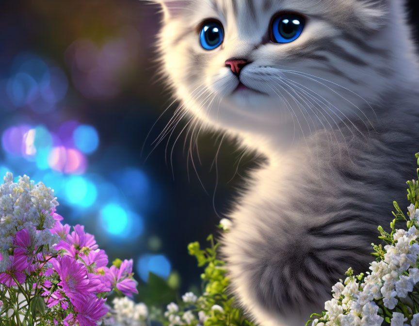 Fluffy gray kitten with blue eyes in pink and white flower setting