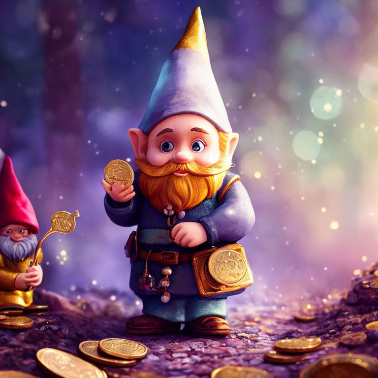 Colorful Garden Gnomes Surrounded by Gold Coins and Key Charm