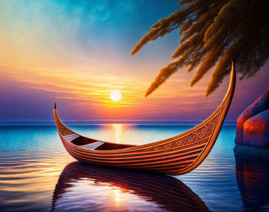 Elaborately designed wooden boat on tranquil waters at sunset